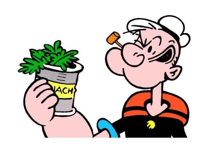 Braccio di Ferro e gli spinaci che rendono forti perché contengono il ferro